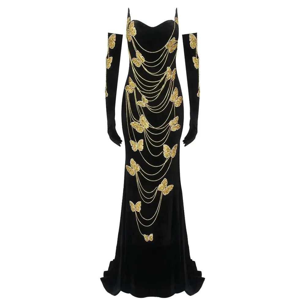 Women's Luxe Velvet Butterfly Formal Wear Set - Elegant Evening Dresses, Full-Length Crystal Ball Gown, Matching Black Prom Dress for Ladies, Stylish Formal Attire, Full-Length Evening Dresses
