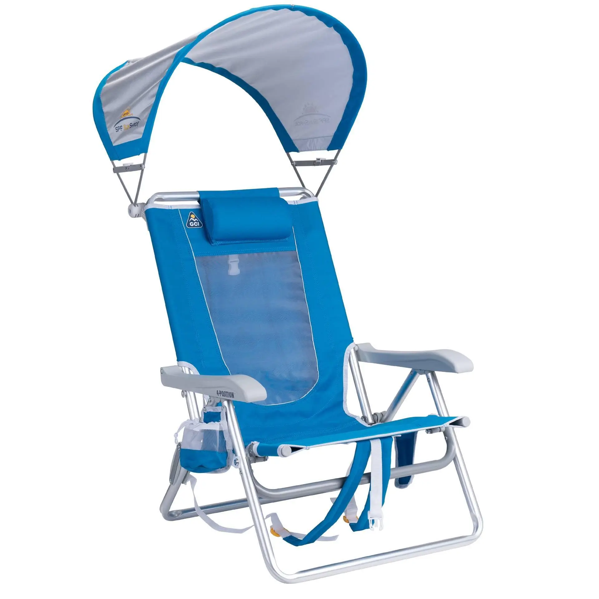 GCI Outdoor Reclining Low-Profile Beach Chair with SunShade Backpack & Canopy, Saybrook Blue