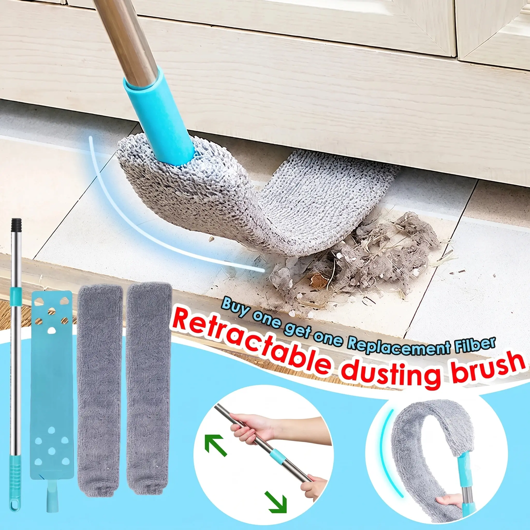 Retractable Gap Duster for Cleaning, 59" Adjustable Extendable Tool with 2 Microfiber Cloths, Soft Bristle Care, Heavy-Duty Stainless Steel Locking Design, Compact Retract, Reusable for Under Furniture & Delicate Surfaces