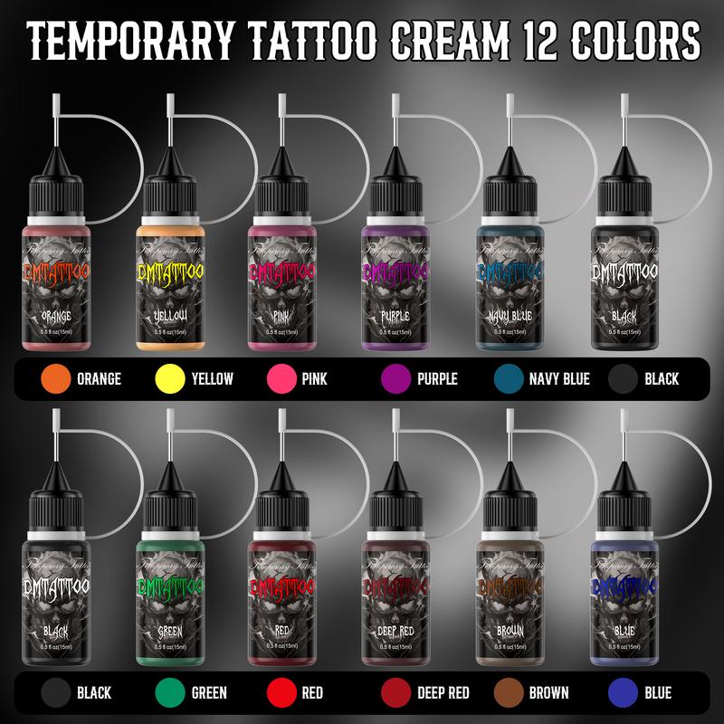 DM Temporary Tattoo Kit 12 Bottles Color Temporary Tattoo Ink, 176 Pcs Stencils Kit for Body Paint DIY Fake Tattoos for Kids Boys