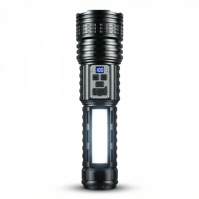 Rechargeable LED Flashlight, Super Bright Zoomable Torch with Side Light, Power Display & Power Bank Function, Portable Outdoor Flashlight for Camping, Fishing, Power Outages, Emergency, Home and Car Use, High Power Flashlights