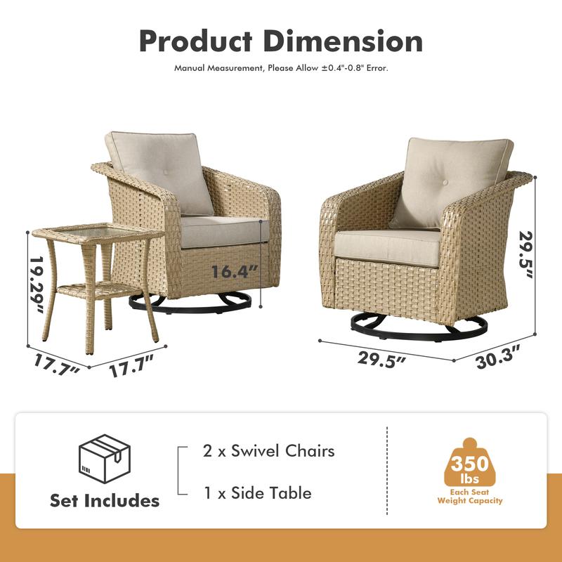Weaxty 3Pc Set Outdoor Swivel Chairs with Side Table Sectional Rattan Sofa for Poolside Backyard Patio Furniture Elegant Design Comfortable Swivel Chairs & Stylish Side Table