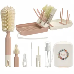 8-in-1 Baby Bottle Brush Set with Drying Rack, Portable Silicone Cleaning Kit for Bottles, Nipples & Straws, Must-Have Newborn Essentials（Pink）