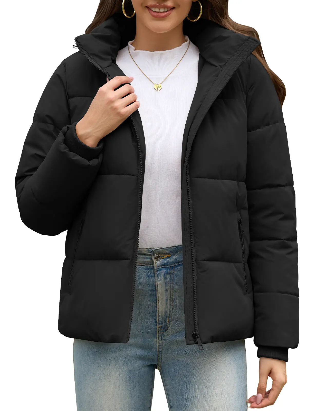 Women's Short Puffer Winter Jacket, Detachable Hood, SBS Zipper, Water Repellent 100% Polyester Fabric, Windproof Ribbed Cuffs, Secure Zip Pockets Casual Warm Outerwear for Daily Outdoor Wear