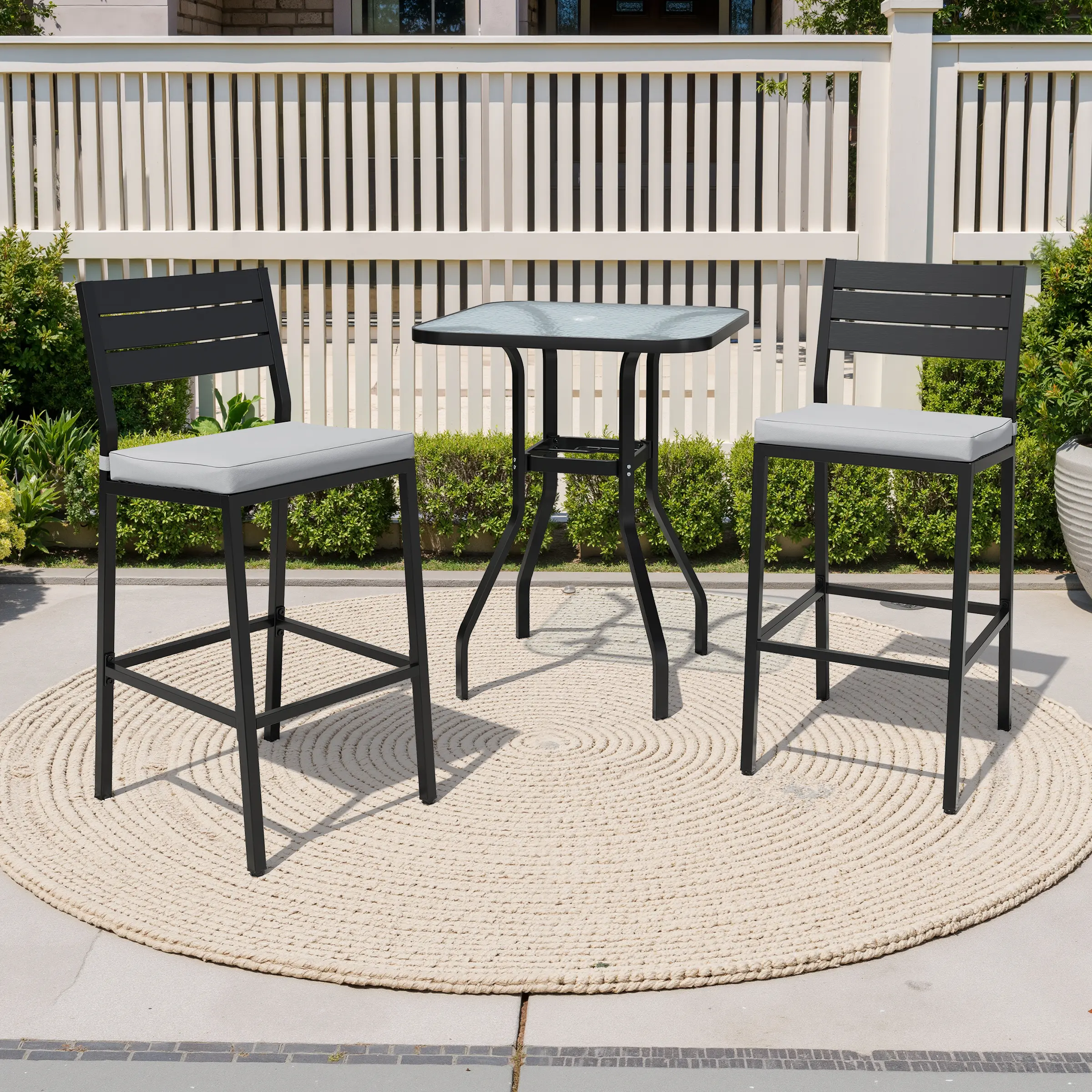 Crestlive Products 3-Pieces Outdoor Bar Set with Square Bar Table and 2 Bar Chairs for Poolside, Lawn, Patio Furniture Set with Aluminum Frame and Glass Tabletop for Backyard, Balcony