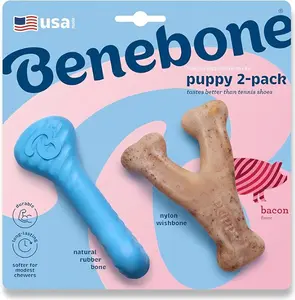 Benebone Puppy 2-Pack Rubber Bone/Wishbone Bacon Tiny - Ideal for Small Dogs, Soft and Gentle Texture