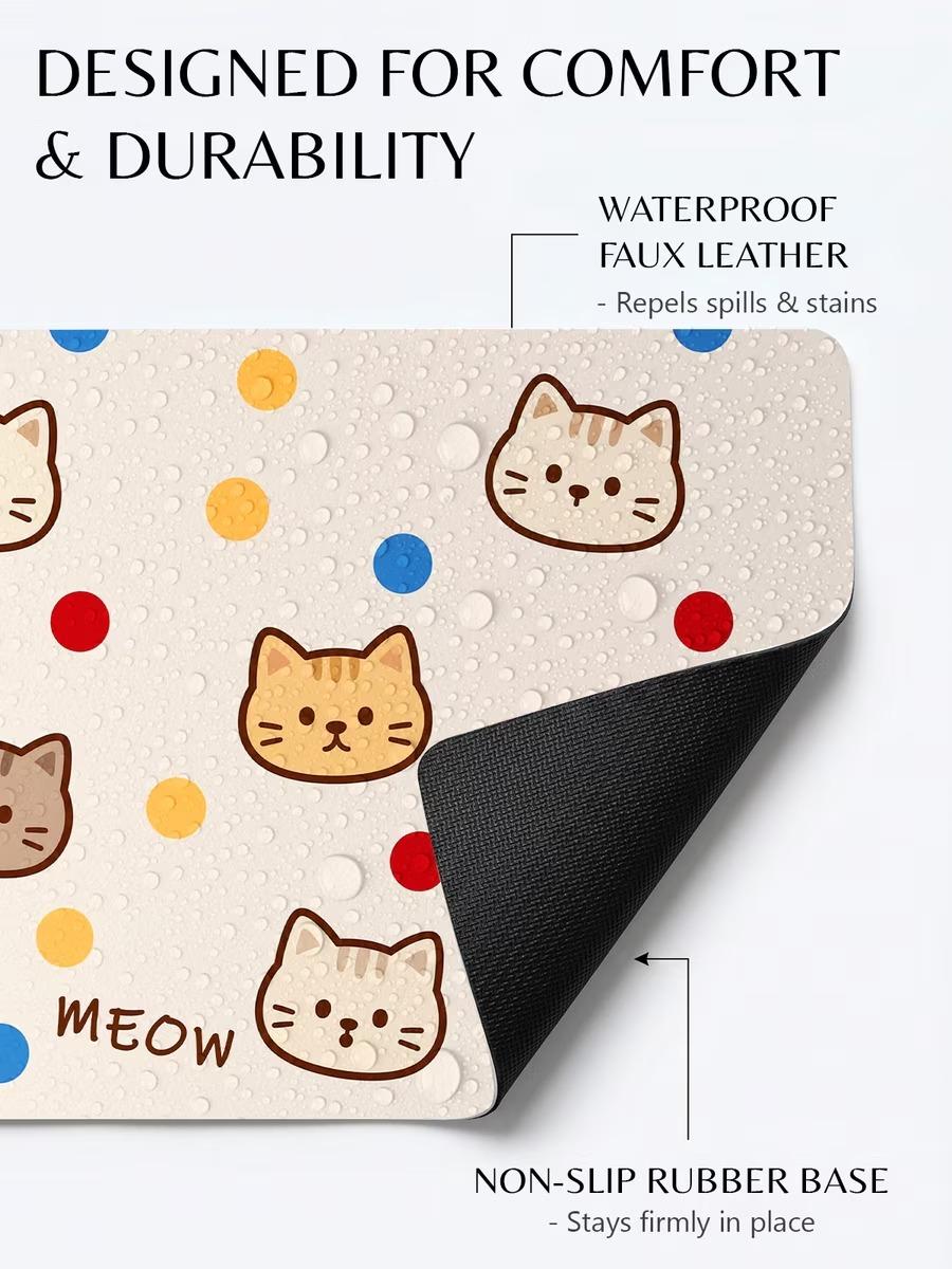 furrybaby Cute Cartoon Face Waterproof Leather Dog & Cat Placemat, Small/Medium Pet Placemats for Easy Clean Meals, Mess Proof Multicolor Feeding Accessory
