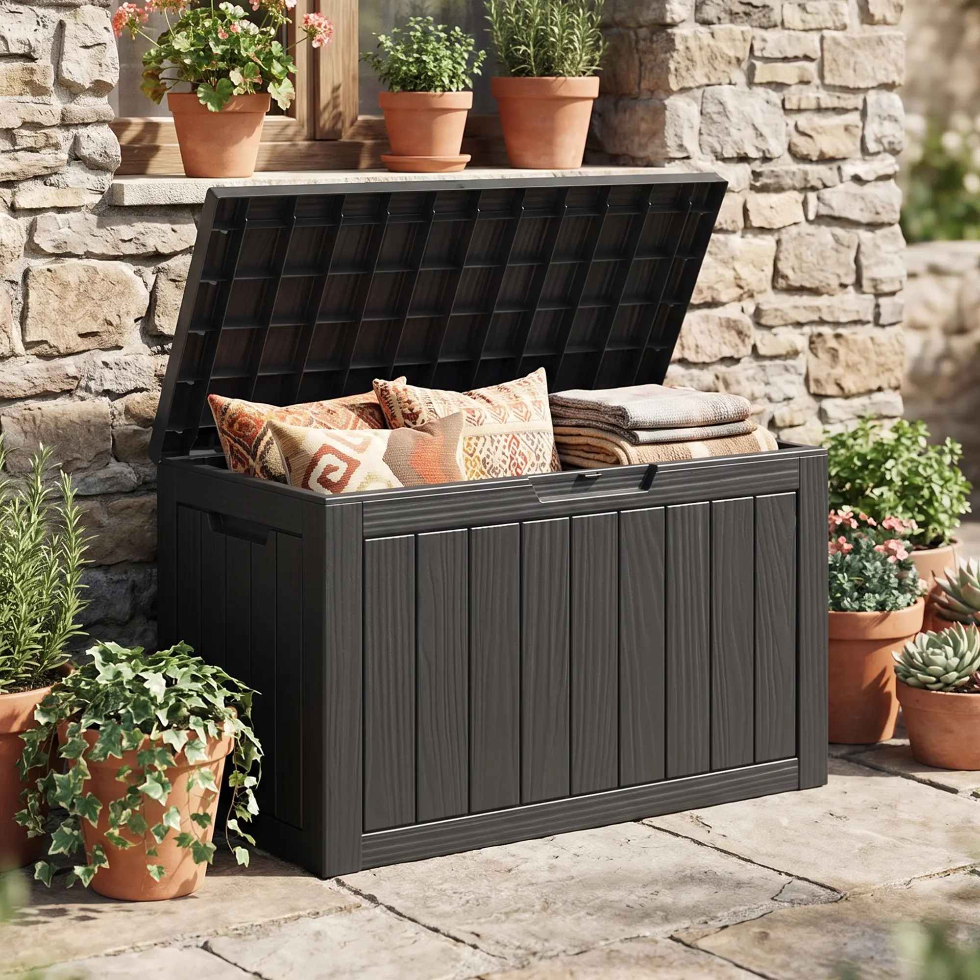RIWENGO 50 Gallon Outdoor Storage Box, Waterproof Resin Deck Box with Lockable Lid, UV-Resistant Plastic Storage Bin for Patio, Garden, Backyard & Porch