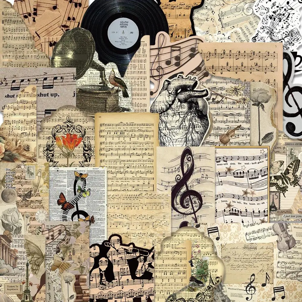 Vintage Music Note Pattern Sticker, 30pcs/set Scrapbooking & Journal Making Material Paper, DIY Decorative Sticker for Stationery & Computer & Water Bottle, Sticker Packs, Sticker Collage Pack, Diy Art Stickers, Diy Crafts Stickers