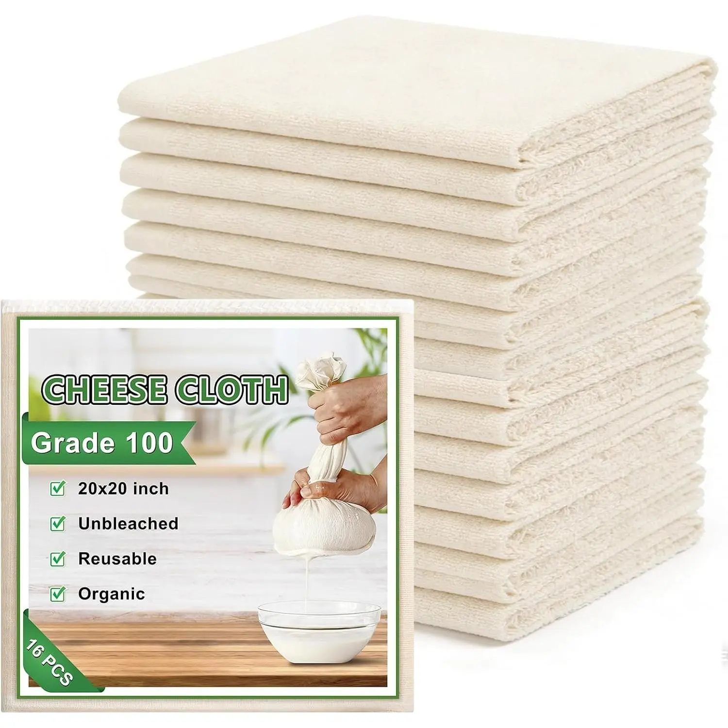 16 count  Cheese Cloths,   Cheese Cloths 20x20 inches, Suitable For Filtering, With Edges, Cheese-Making, Juicing, Baking and Turkey Cooking.