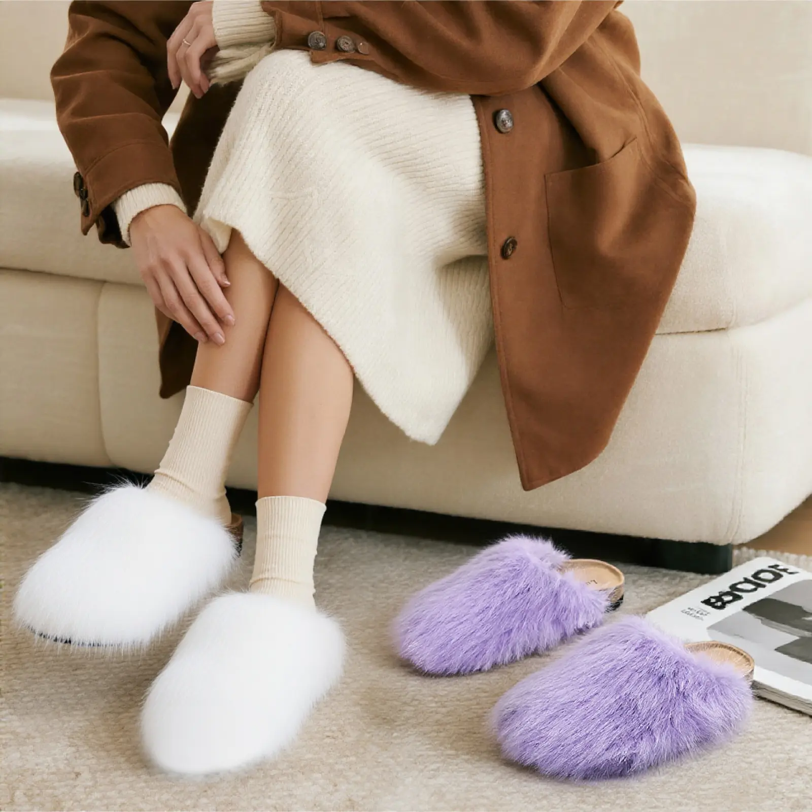 Women’s Luxurious Faux Fur Mule Slippers - Open Back Slip-On Sports Slides with Soft Cork Footbed, Cozy Flat House Footwear for Bedroom & Casual Outdoor Use trendy knee-high boot sexy toe cloud