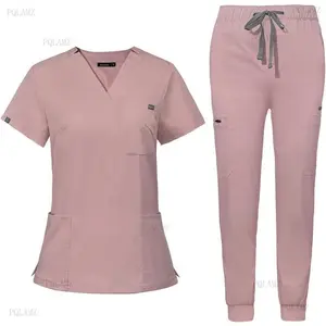 2025 women’s medical scrub set with a classic V-neck and yoga jogger pants