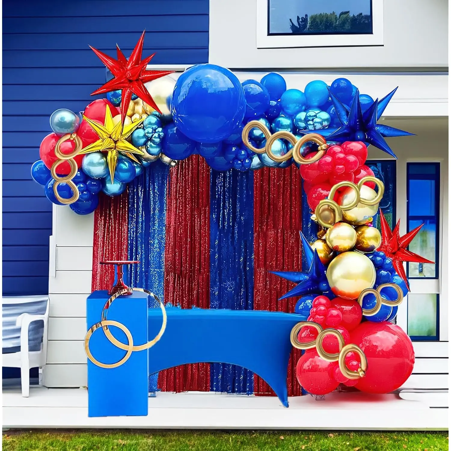 130PCS Red Blue Gold Balloon Garland Kit with Chrome Blue, Starburst Foils & Long Balloons for Gamer, Superhero, Hedgehog or Cartoon-Themed Birthday Party