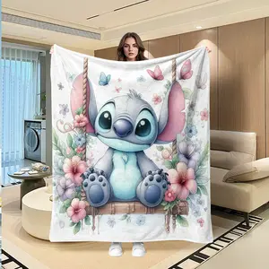 Cute Stich Flannel Blanket, Fresh Floral Comfortable Warm Blanket, Creative Digital Print, Valentine's Day Gift, Easter, Holiday Decor