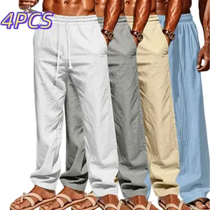 Men’s drawstring elastic-waist loose casual pants, 4-pack. Simple, lightweight, breathable, skin-friendly, and comfortable. Versatile straight-leg fit for everyday wear and seaside outings.