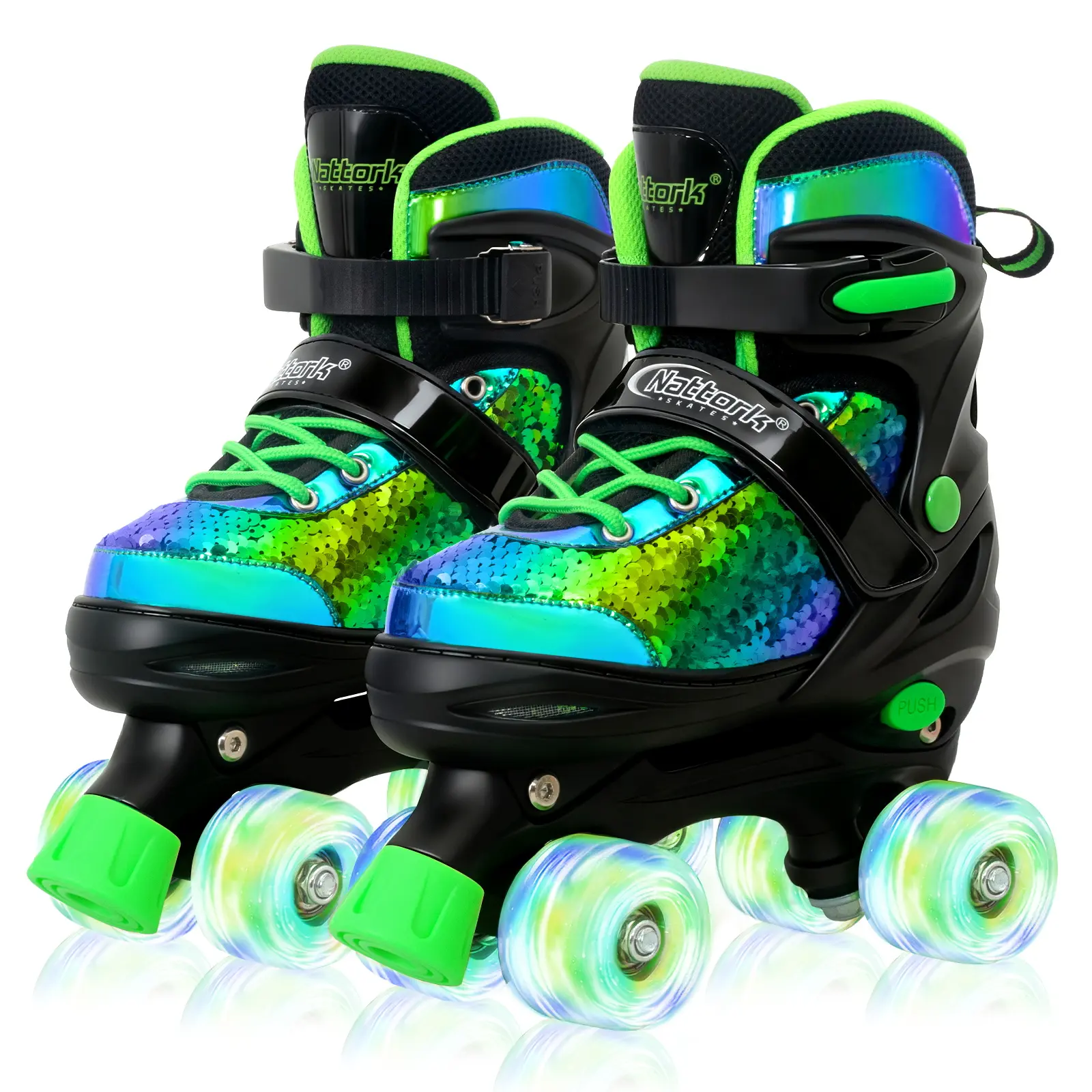 Nattork Kids' Mermaid Roller Skates, 4-Size Adjustable Unisex Skates with LED Lights, Quiet Wheels for Recreational Skating, Ideal Birthday Gift, Chrome-Steel Bearings, Sequin Design, Holiday Gatherings, Adjustable Sizes, 82A Pu Wheels