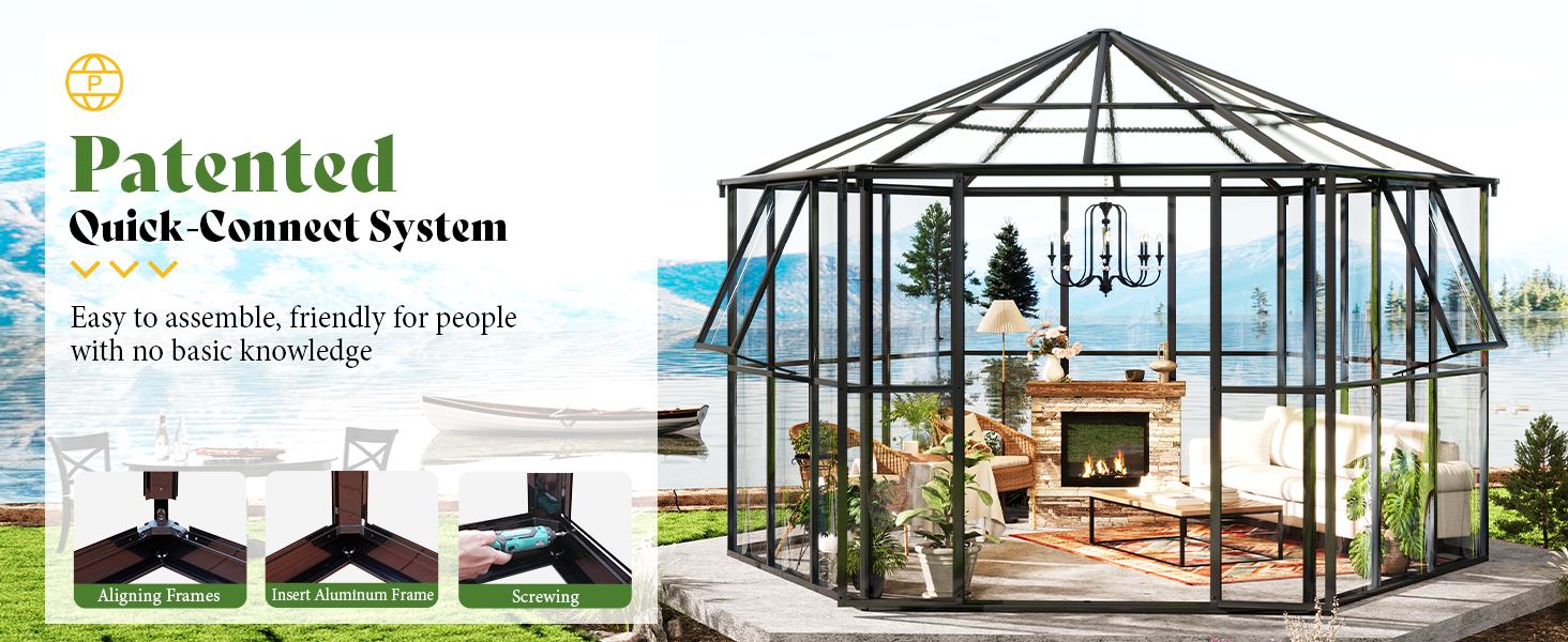 【Ships in 3 Boxes】Amerlife 12x10x8 FT Hexagonal Greenhouse with Quick-Connect Fittings, Greenhouse for Outdoors Garden Backyard with 2 Vents, Walk-in Aluminum Greenhouse- Ships in 3 Boxes