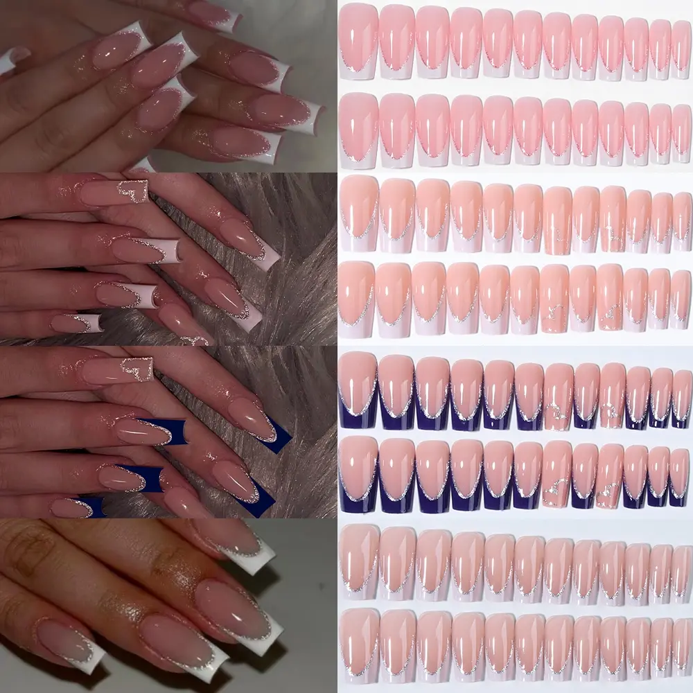 96pcs Square Shape Short Length Acrylic Nail Tips Set, Glossy Finish, French Style Design, Glitter Heart Elements, Glitter Decorative Nails, Perfect for Women & Girls, Nail Tips Kit, Glitter Nails, Diy Nail Art, Nail Art Supplies