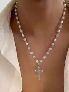 Men's Rhinestone Cross Pendant Necklace, Hip Hop Style Alloy Chain, Vintage Fashion Pearl Ball Lockbone Chain, All Seasons Jewelry Gift