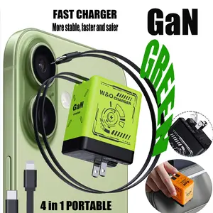 W&O 4-in-1 Portable GaN Fast Charger  Compatible with 120W Fast Chargeing with Retractable Cable USB-C & Lightning Usb Connector iphone 16 plus cases smart watch iphone 15 pro max earbuds portable charger chargers android phones power bank power bank