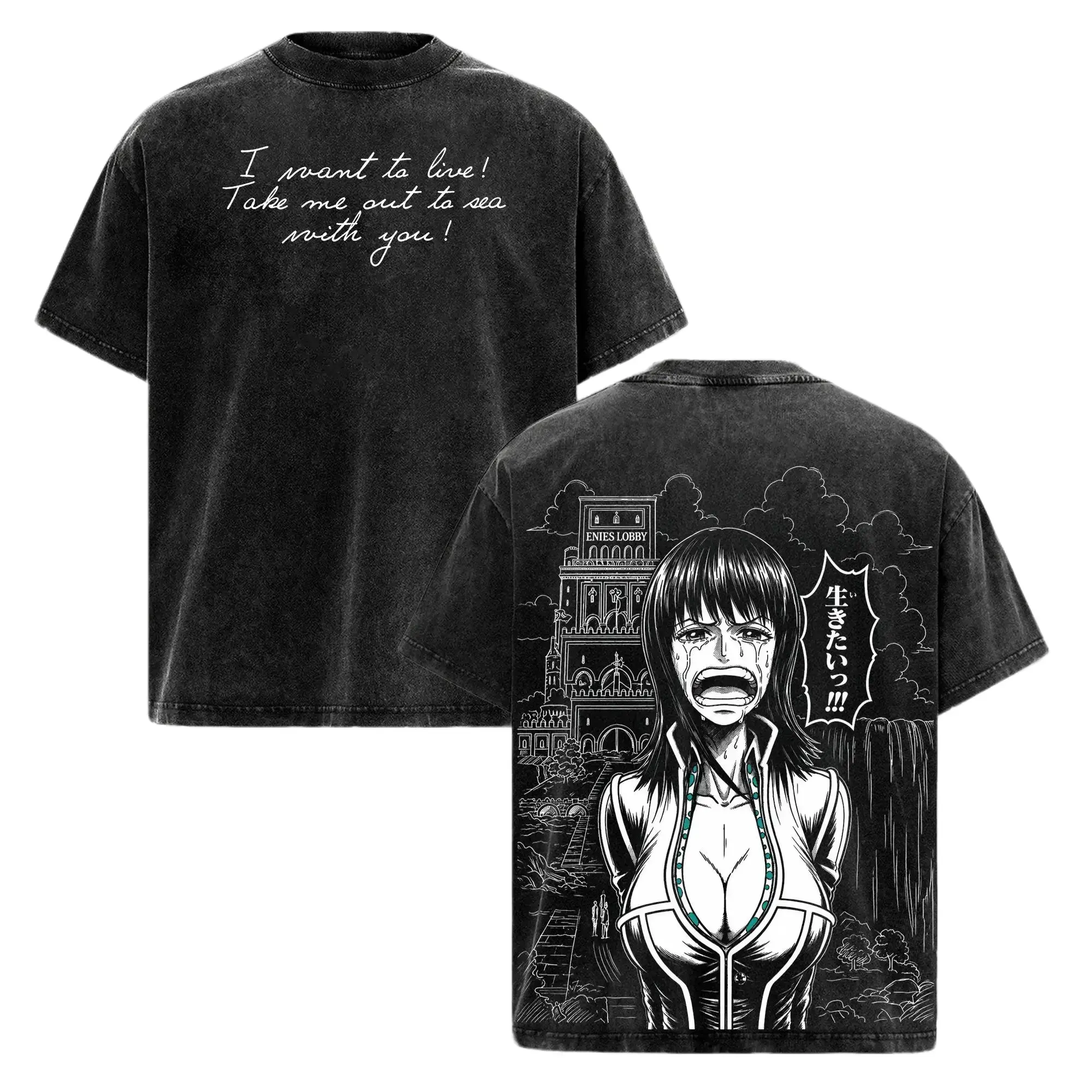 Men's Short-Sleeve Menswear T-Shirt - 1 Piece Nico Robin "I Want to Live" Enies Lobby Graphic Vintage Washed Manga Tee