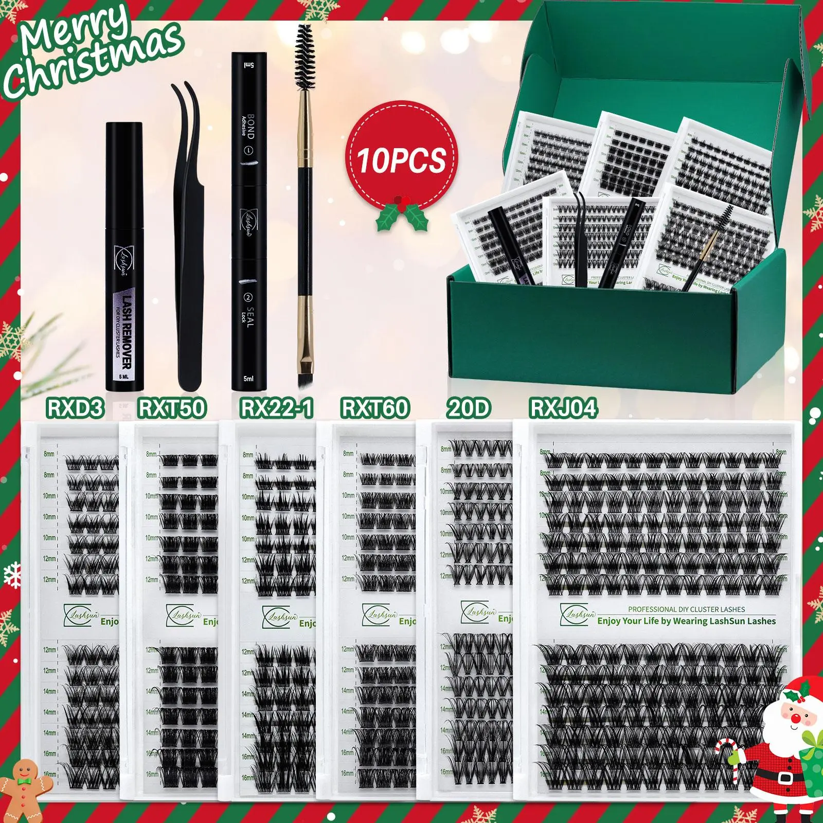 LASHSUN CHRISTMAS GIFT 10PCS Kit, Eyelash Extension Kit, Eyelashes Extension Kit, D Curl 8-16mm DIY Lash Clusters Kit Eyelash Clusters with Bond&Seal Lash Remover Lash Brush Tweezers Eyelash Set Makeup Eyelash Clusters Extensions