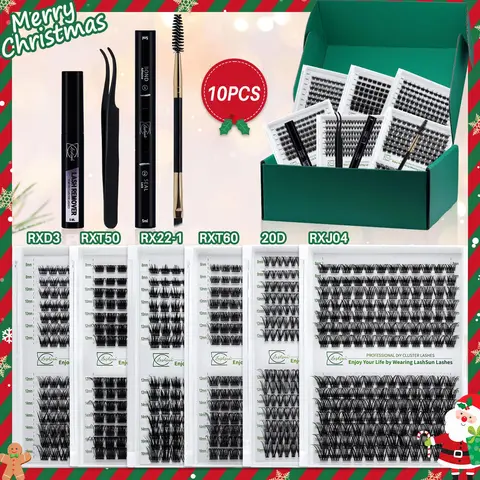 LASHSUN CHRISTMAS GIFT 10PCS Kit, Eyelash Extension Kit, Eyelashes Extension Kit, D Curl 8-16mm DIY Lash Clusters Kit Eyelash Clusters with Bond&Seal Lash Remover Lash Brush Tweezers Eyelash Set Makeup Eyelash Clusters Extensions