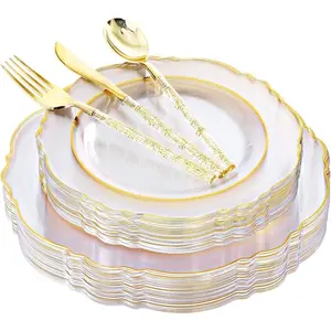 150PCS Clear Gold Plastic Plates-Disposable Gold Plastic Silverware with Glitter Bamboo Handle Cutlery-Baroque Clear Gold Disposable Plates for Wedding&Party & Easter Day&Mother's Day Tableware