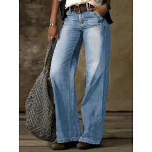 Loose Fit Washed Blue Casual Style Zipper Button Closure Denim Pants, Women's Denim Jeans & Clothing