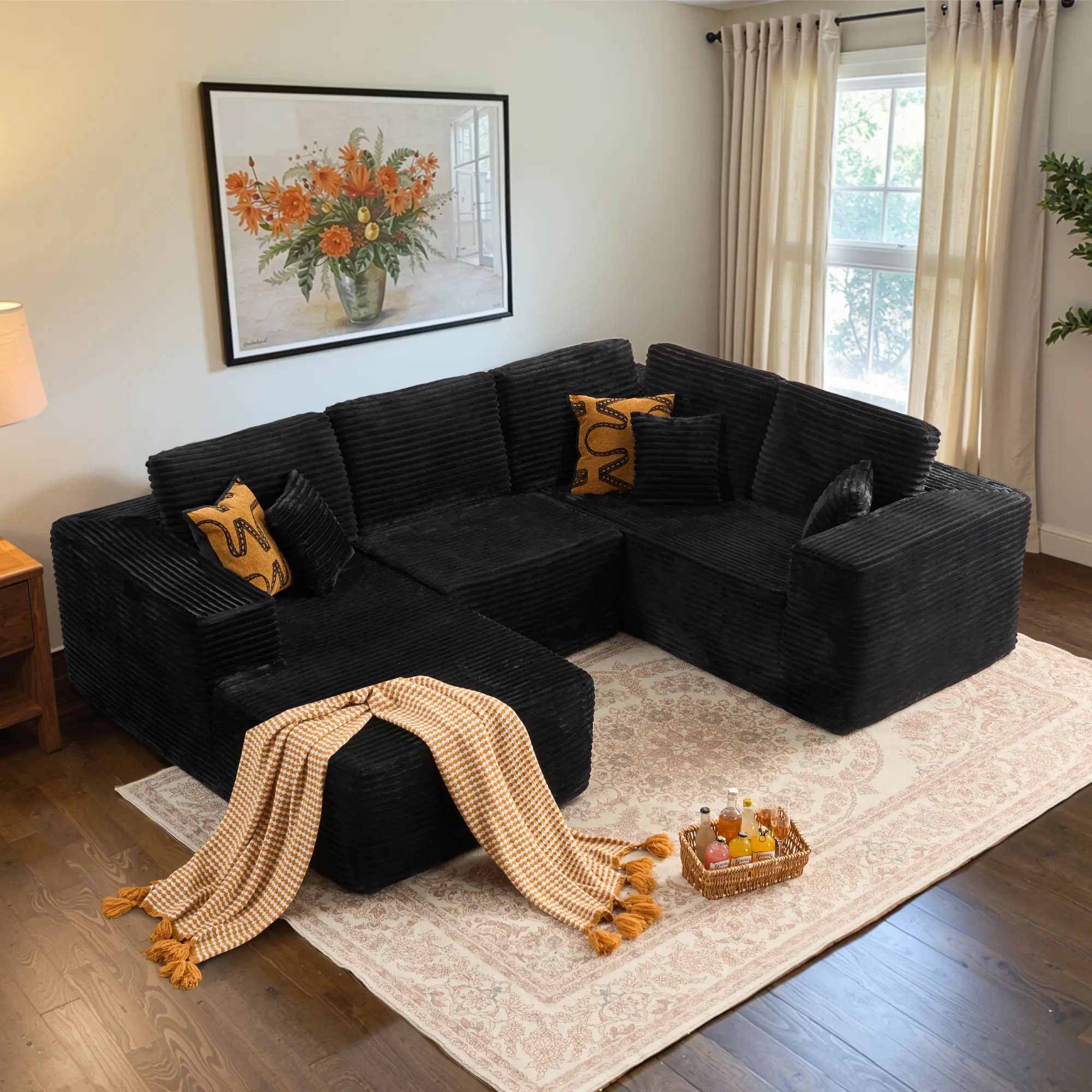 ALLWEX 112" U Shaped Lounge Sofa, Contemporary Corduroy Modular Sectional with Deep Seat Chaise, Oversized Cloud Style Couch for Living Room, Plush Comfortable Seating, No Installation Needed, Sofas Living Room