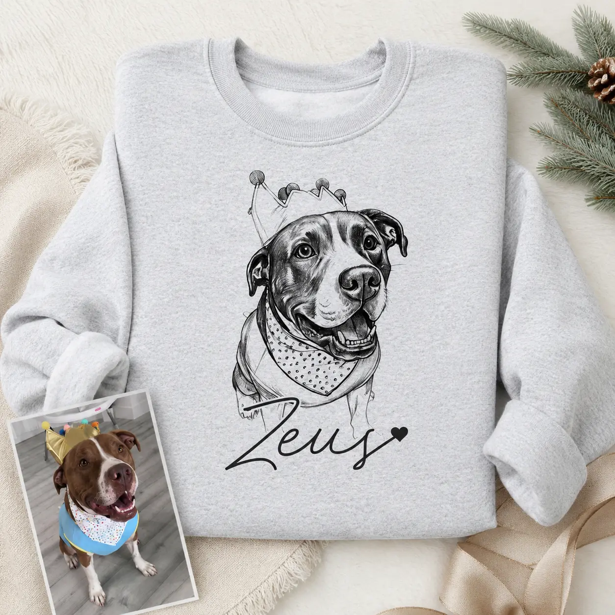 Custom Pet Portrait Sweatshirt, Personalized Dog Photo Crewneck, Sketch Art With Pet Name, Pet Lover Gift