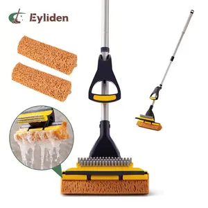 Eyliden Sponge Mop with 41-53 Inches Long Handle for Home Commercial Use Easily Dry Wringing with Squeegee and Extendable Telescopic with Total 2 Sponge Mop Heads Tile Floor Bathroom Cleaning, Black