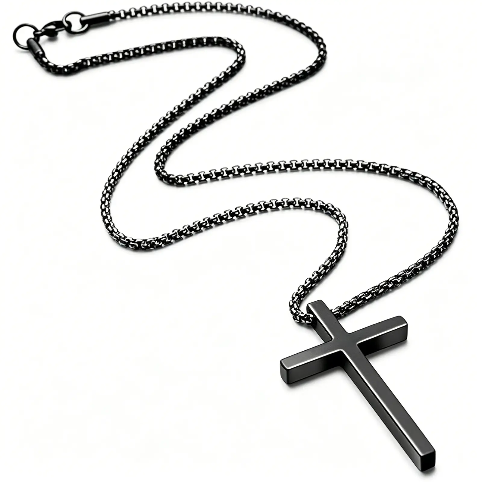 Men's Minimalist 24-Inch Black Cross Necklace - Tarnish-Free Cuban Link Long Chain, Daily Sleek Costume Jewelry Accessory for Him, Outdoor Gift That Complements Any Outfit, Necklaces Cuban Link Design cross necklace necklaces for men