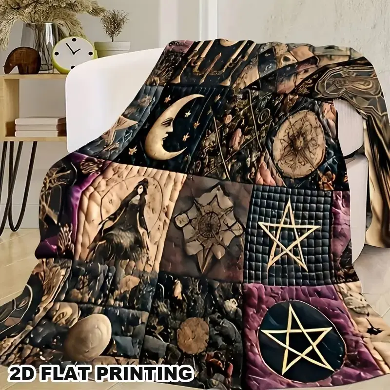 Vintage Gothic Mystical Themed Flannel Throw Blanket, Dark Fantasy Moon Pentagram Esoteric Symbol Single Side Print, Wrinkle-resistant Ultra Soft Plush Fabric for Beds & Sofas, All-season Dark Aesthetic Home Decor & Holiday Gift for Occult Style Lovers