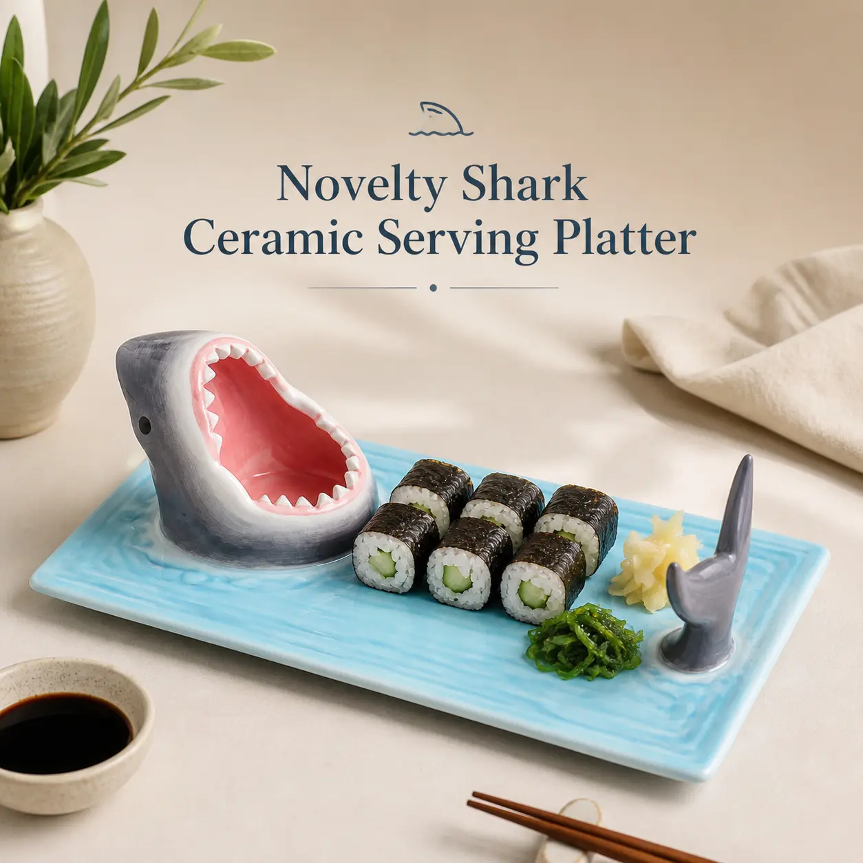 Novelty Shark Ceramic Serving Platter, Fun Rectangle Sushi Plate Decorative Tray For Kitchen Table Party Food Display