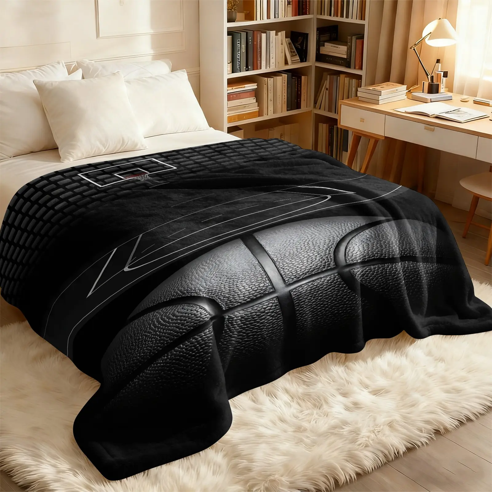 Cool Black 3D Stereoscopic Basketball Texture Thick Flannel Blanket, Stylish Trendy Sports Basketball Theme Throw, Soft Skin-Friendly Warm Nap Blanket For Boys And Teens Bedroom, All Season Long Decor Casual Blanket For Dorm, Sofa And Home Use