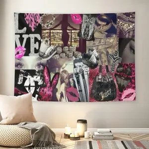 Y2K 2000s Pink Leopard Print Collage Wall Flag, Juicy Couture & Chrome Hearts Aesthetic Tapestry, Mid-century Modern Grunge Room Decor for Adult Fans, Early 2000s Fashion Vibe Wall Hangingmusic comics wall flags custom tapestries