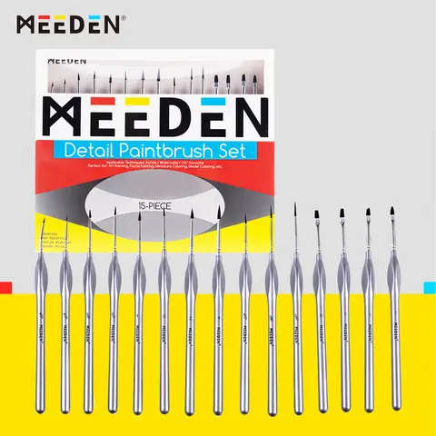 MEEDEN 15-Piece Fine-Tip Flat Nylon Bristled Mini Paint Brushes Set - Detailed Firm Aluminum Ferrules, High Precision for Adults, Beginners, Figurines, Doll Houses, Office Art Supplies