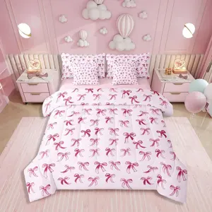 Feelyou Ultra Soft Fiber 7-Piece Bow Tie Motif Comforter Set - Multi-Size Bed in a Bag, Reversible Dreamy Kawaii Bedding Set for Girls with Cartoon Princess Design, Flat Sheet, Microfiber Bedding Set