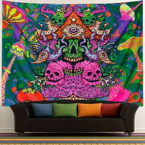 Leofanger Skull Tapestry Psychedelic Color-Changing Light Reactive Skull Wall Hanging BeigeDecor for Bedroom Living Room Parties Gift for Graduation Father's Day Party Decoration Detailed