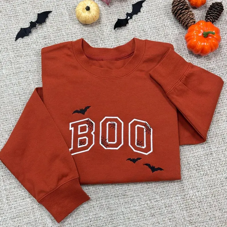 Boo Embroidered Halloween Sweatshirt | Boo Season Fun Fall Crewneck Sweater | Autumn Pullover