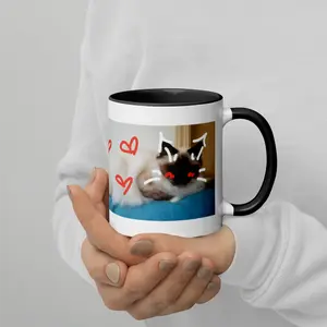 Mochi Mug - Ceramic 12 oz Mug ft Cat with Hearts and Color Inside | ft. our cutest cat employee Mochi