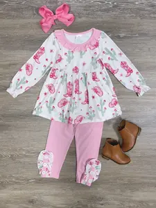SYDNEY SO SWEET Cowgirl Cutie Pink Ruffle & Cactus Girls Outfit Western Print Top & Pants Set for Fall Fun Comfortable Fit