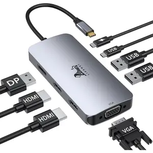 USB C Docking Station Dual , Laptop Docking Station 3 Monitors Quadruple Display with Dual 4K HDMI, DP, VGA, 100W PD, 3 USB C/A 2.0, Laptop Dock for , , , Surface