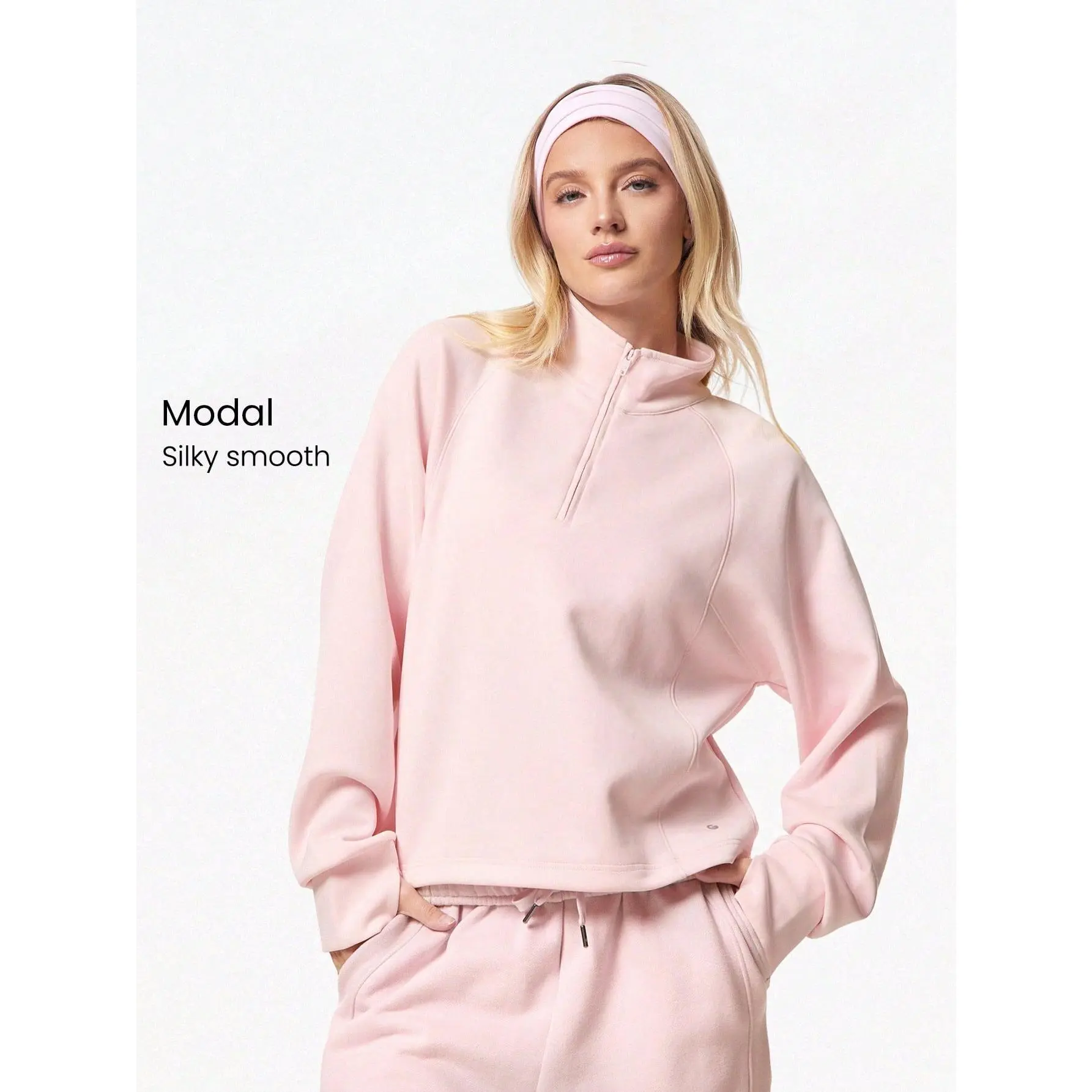 GLOWMODE Modal Silky Smooth Loose Stand-Up Half-Zip Collar Adjustable Drawstring Hem Long Sleeve Sweatshirt With Thumbholes Daily Casual Fall