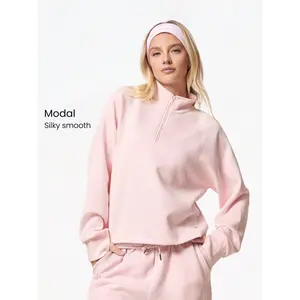 GLOWMODE Modal Silky Smooth Loose Stand-Up Half-Zip Collar Adjustable Drawstring Hem Long Sleeve Sweatshirt With Thumbholes Daily Casual Fall