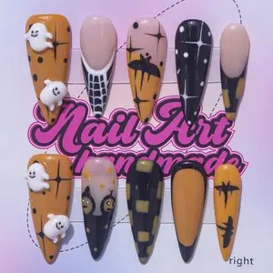 Delicatething Y2K Style Long Sharp Nails Set, Handmade Halloween Nail Art Kit with Ghosts, Bats, Spiderwebs, French Design, Perfect Gift for Women