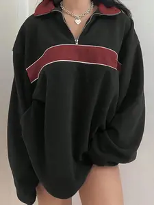 Women's Oversized Half Zip Fleece Pullover with Burgundy Stripes Drop Shoulder Casual Warm Sweatshirt Soft Cozy for Fall Winter Spring