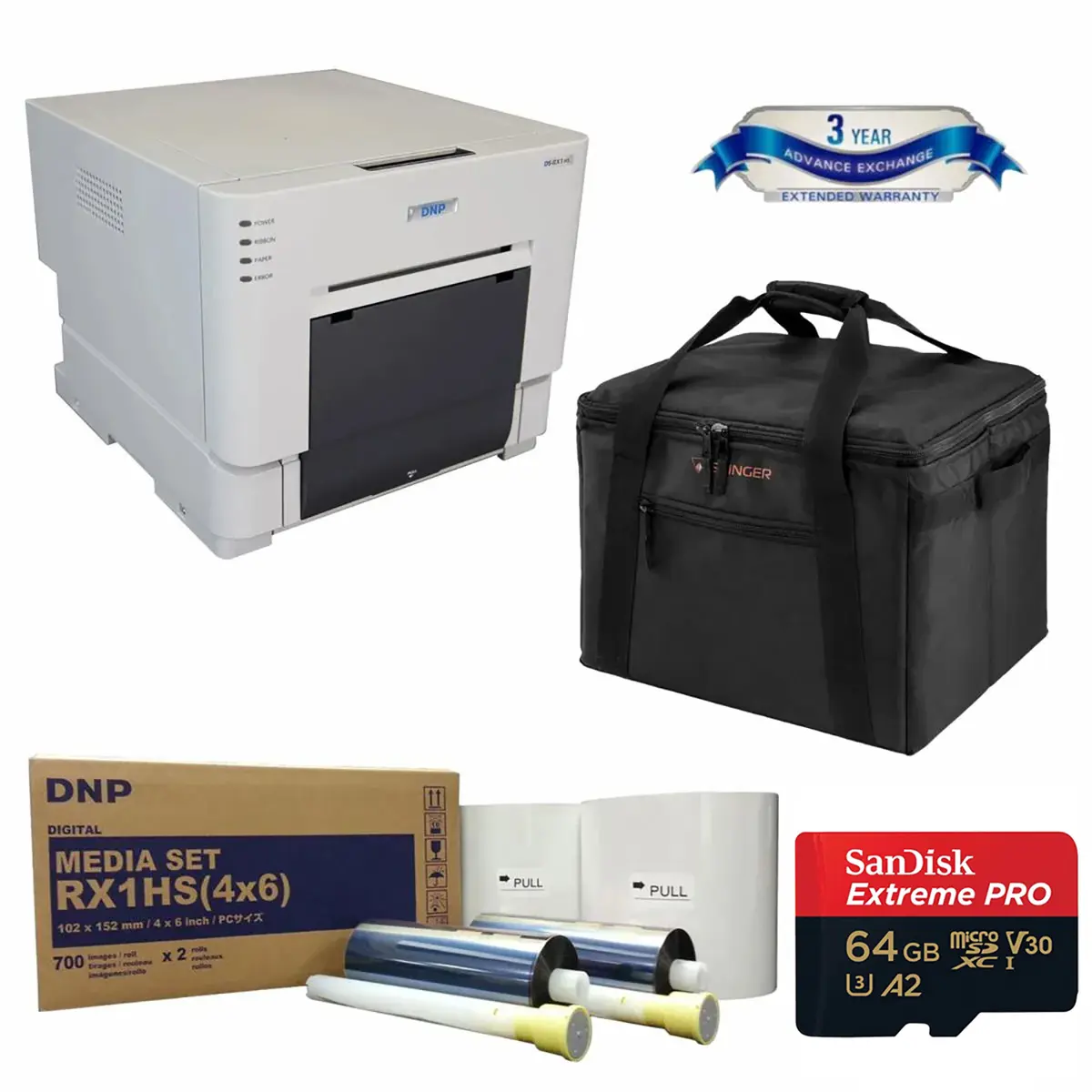 DNP DS-RX1HS 6" Dye Sublimation Printer - Bundle With DNP Print Media 4x6" 700 Prints, 64GB SDXC Memory Card, Padded Printer Carrying Case
