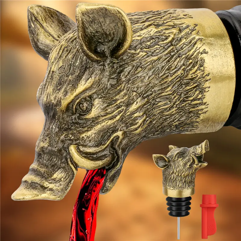 Vintage Wild Boar Head Wine Pourer with Stopper, Champagne Wine Preserver Plug, Unique Design for Home Bar Accessories, Barware